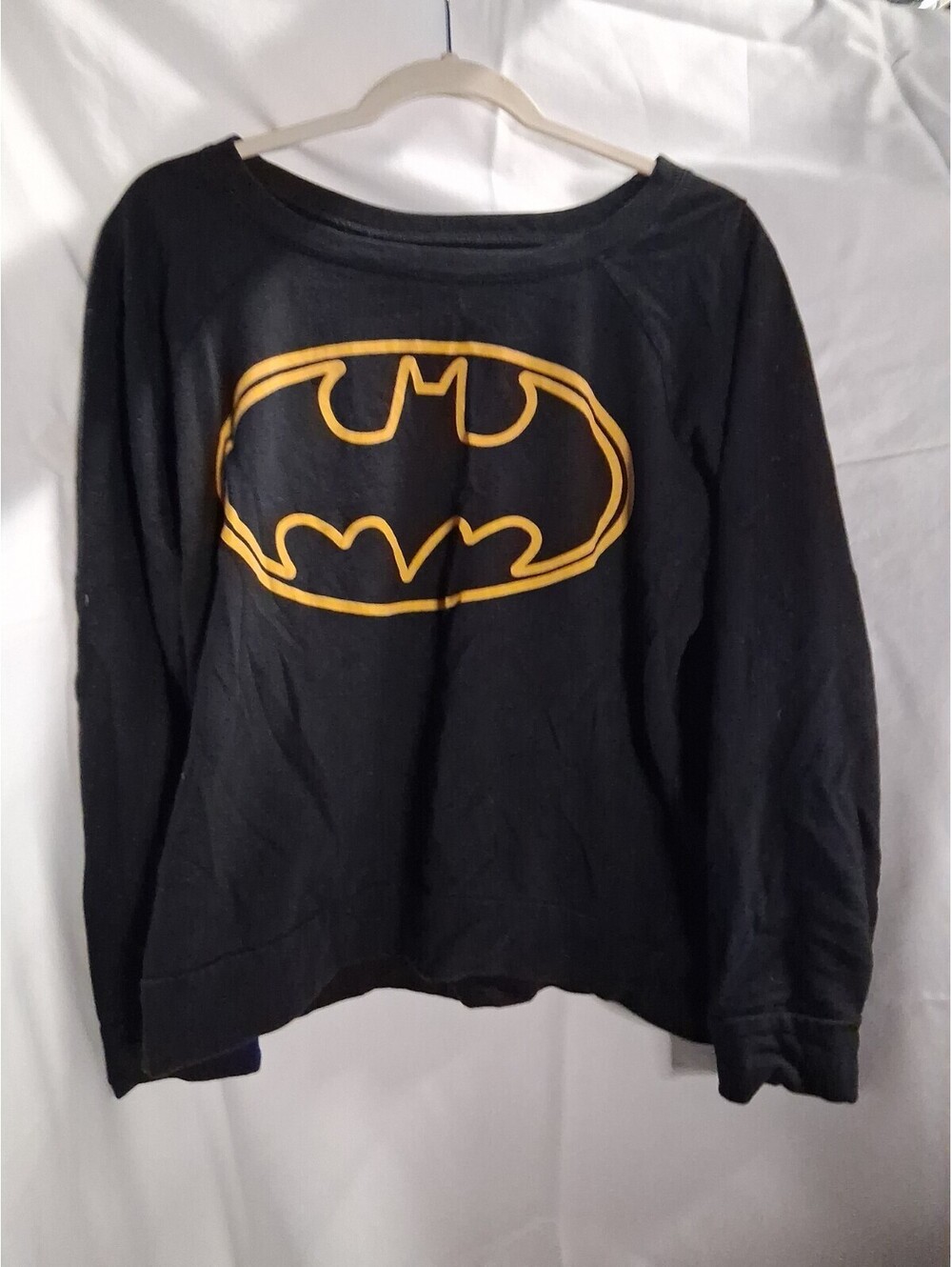 Batman Logo Graphic Crew Neck Pullover Sweatshirt Women Black Yellow Size L N2